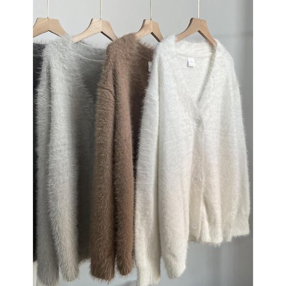 Womens Fuzzy Knit Cardigan Long Sleeve V Neck Button Down Casual Sweater - Picture 3 of 4